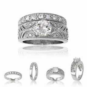 Sterling Silver Designed Clear CZ Ring Wedding Band - W-8035