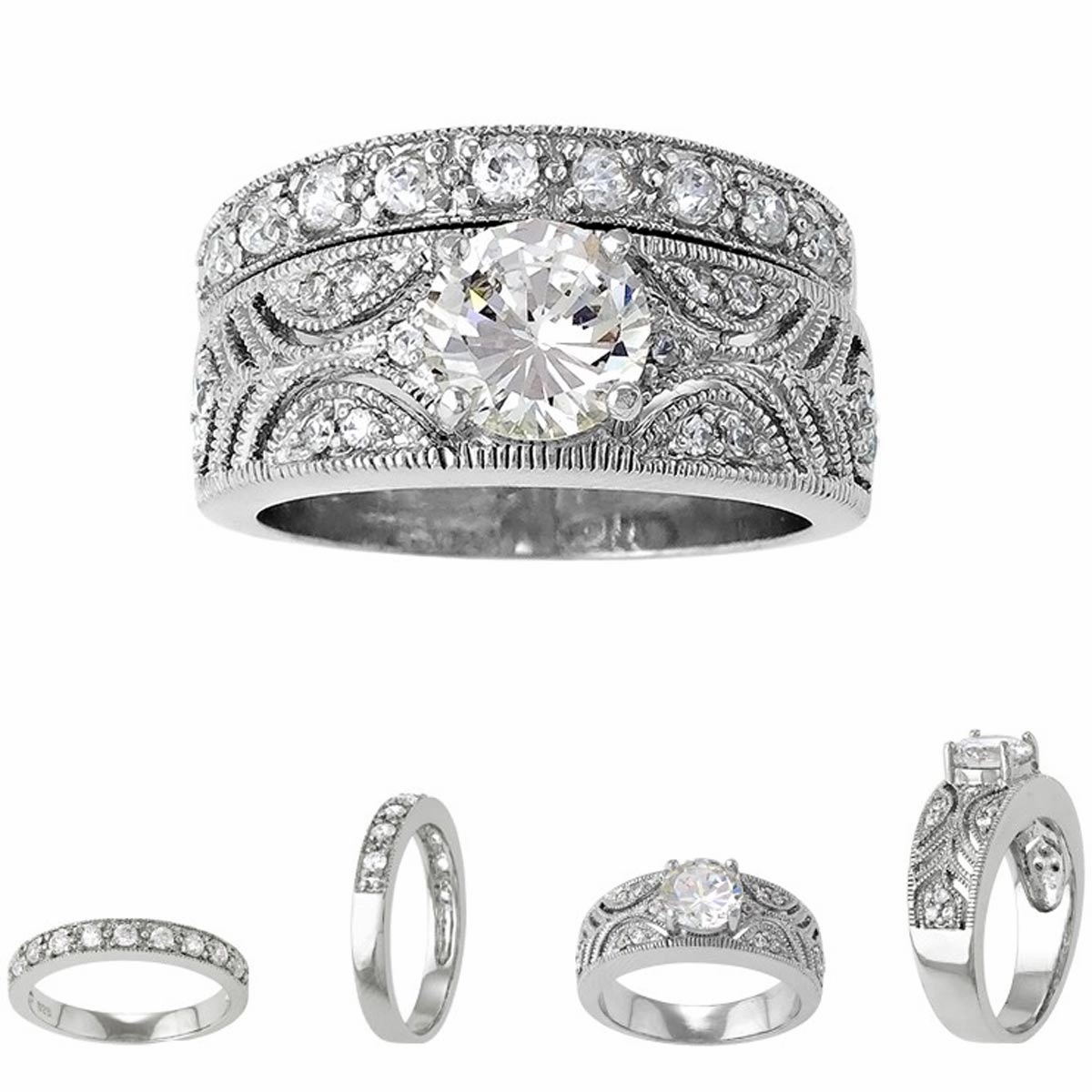 Sterling Silver Designed Clear CZ Ring Wedding Band - W-8035
