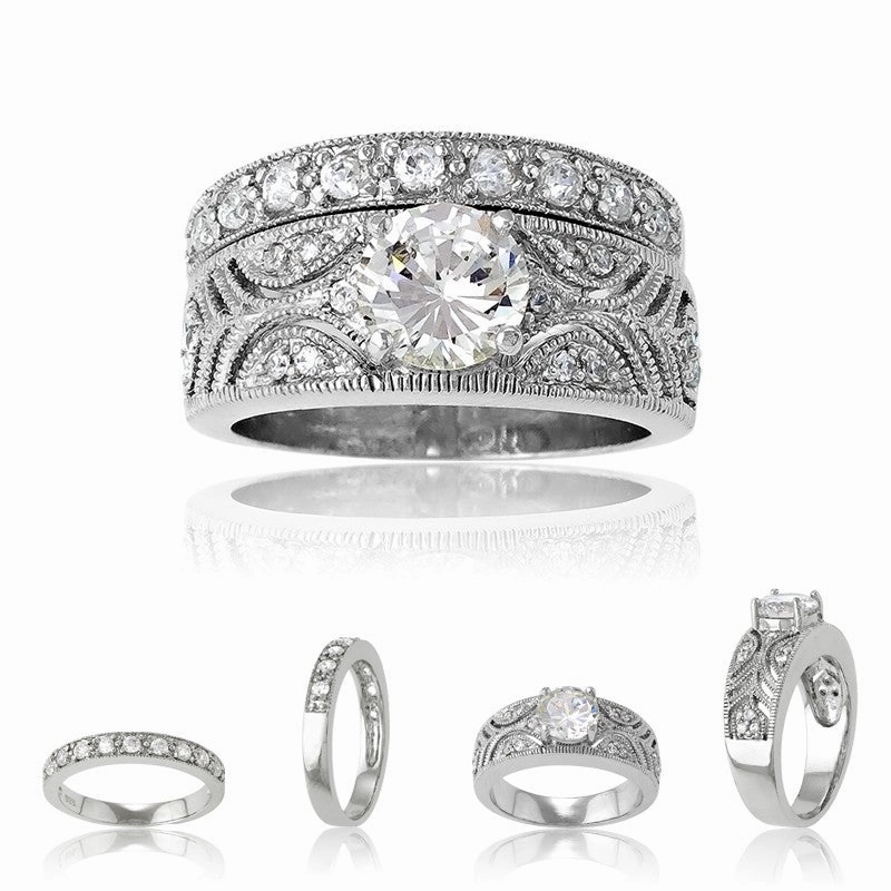 Sterling Silver Designed Clear CZ Ring Wedding Band - W-8035