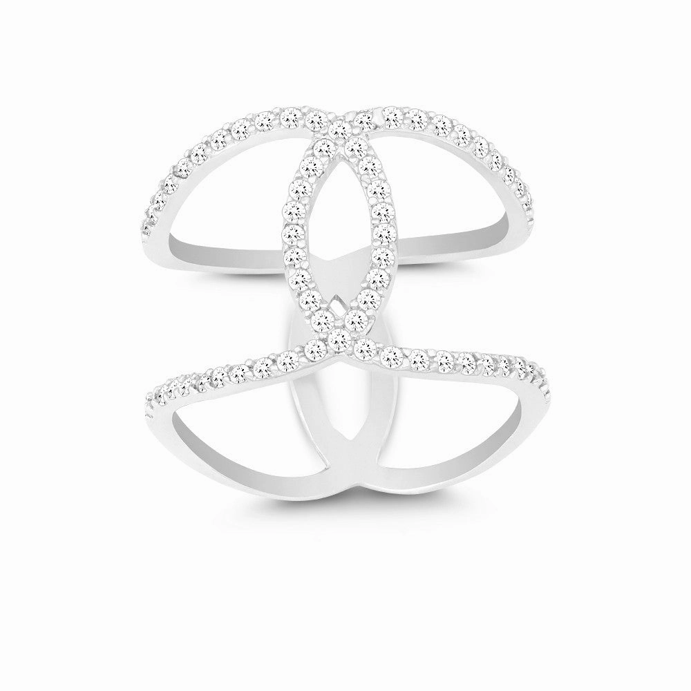 Sterling Silver Double CZ Swirl Wide Ring - W-9922