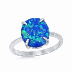 Sterling Silver Four-Prong Blue Inlay Opal Oval Ring - W-1830