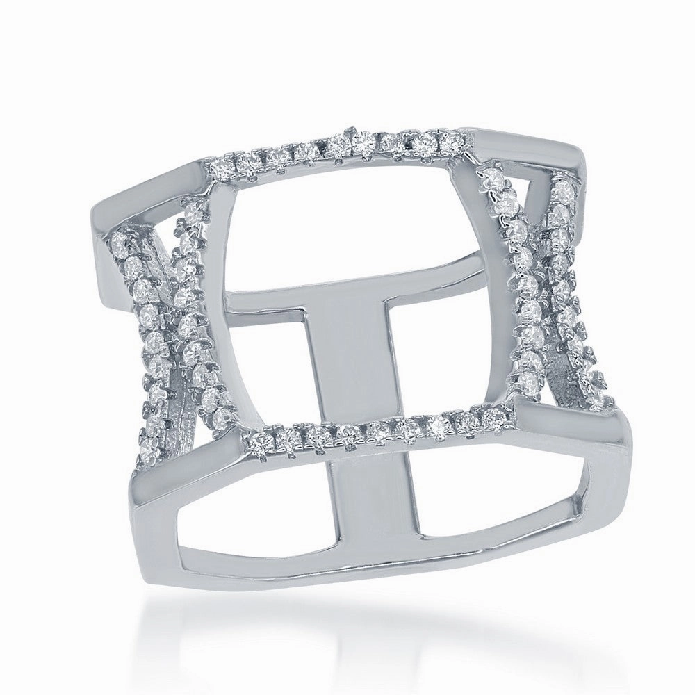 Sterling Silver Open Double CZ X Octangle Ring - W-1374
