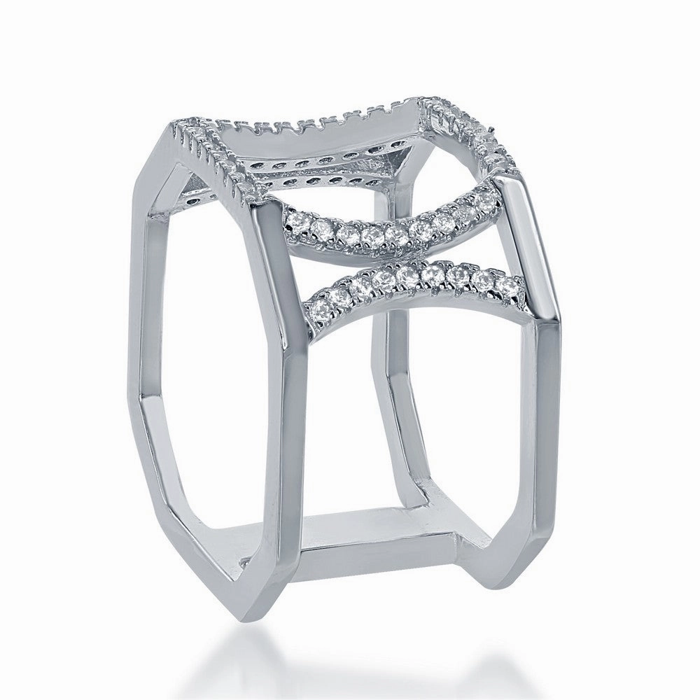 Sterling Silver Open Double CZ X Octangle Ring - W-1374