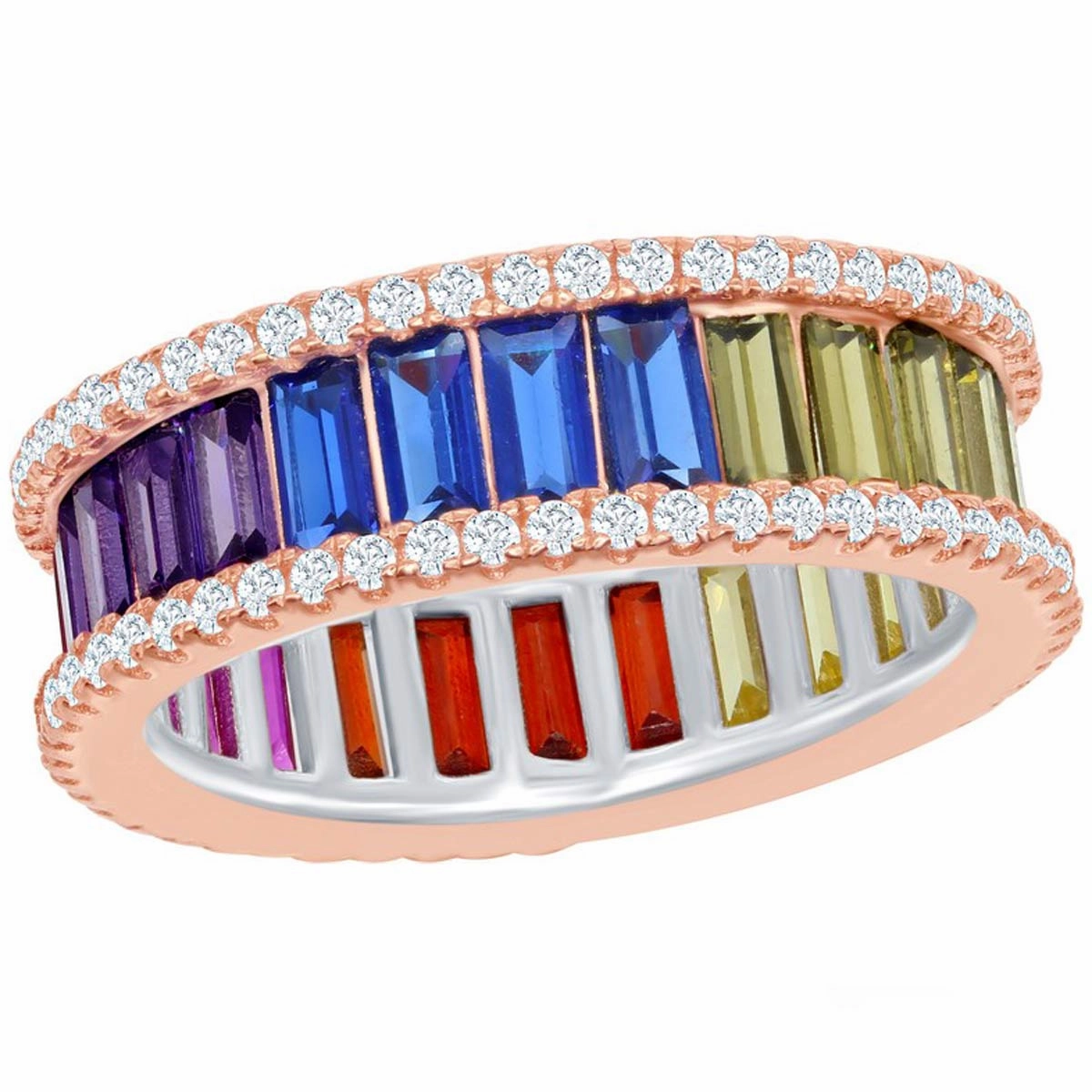 Sterling Silver Rainbow Baguette CZ Band Ring - W-2040
