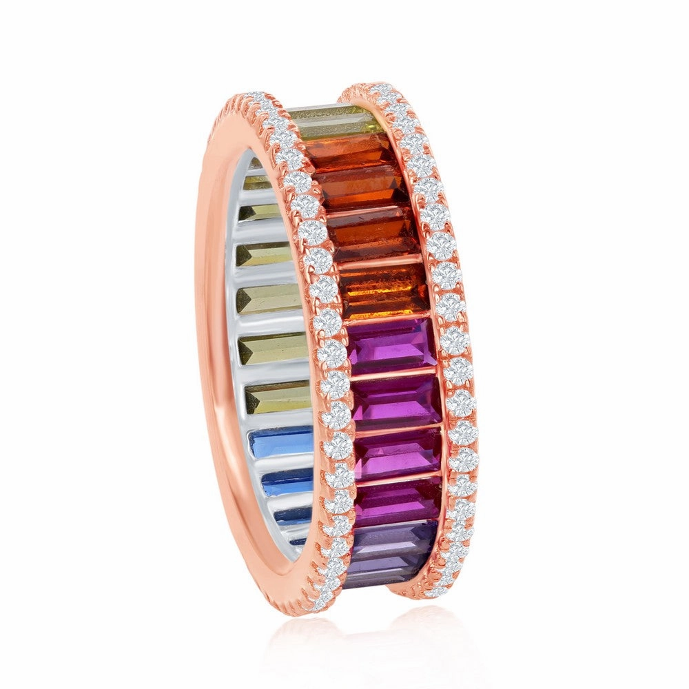 Sterling Silver Rainbow Baguette CZ Band Ring - W-2040