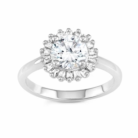 Sterling Silver Round CZ with Baguette Border Ring - W-1395