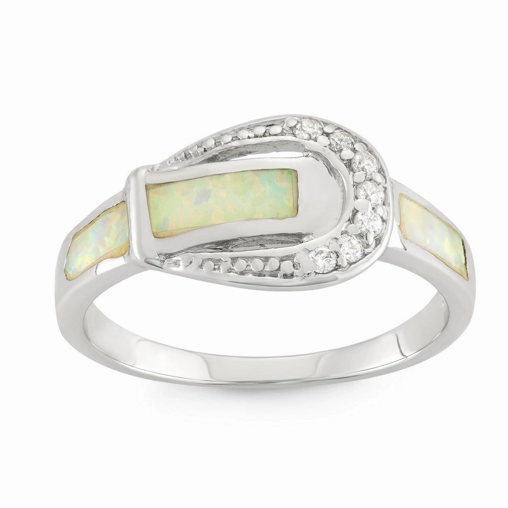 Sterling Silver White Inlay Opal and CZ Buckle Ring - W-1212