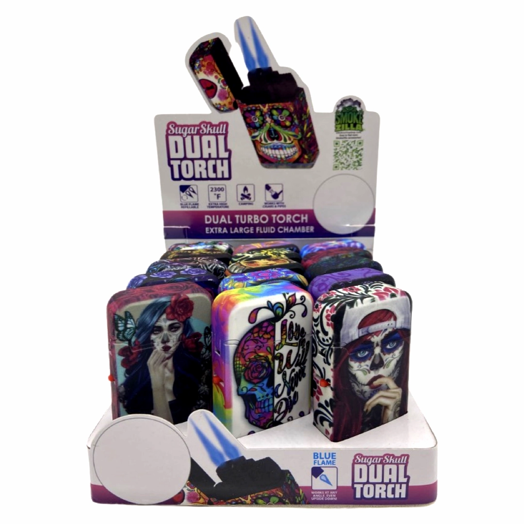 Sugar Skull Dual Torch Lighter - 15 Pieces Per Retail Ready Display 23016
