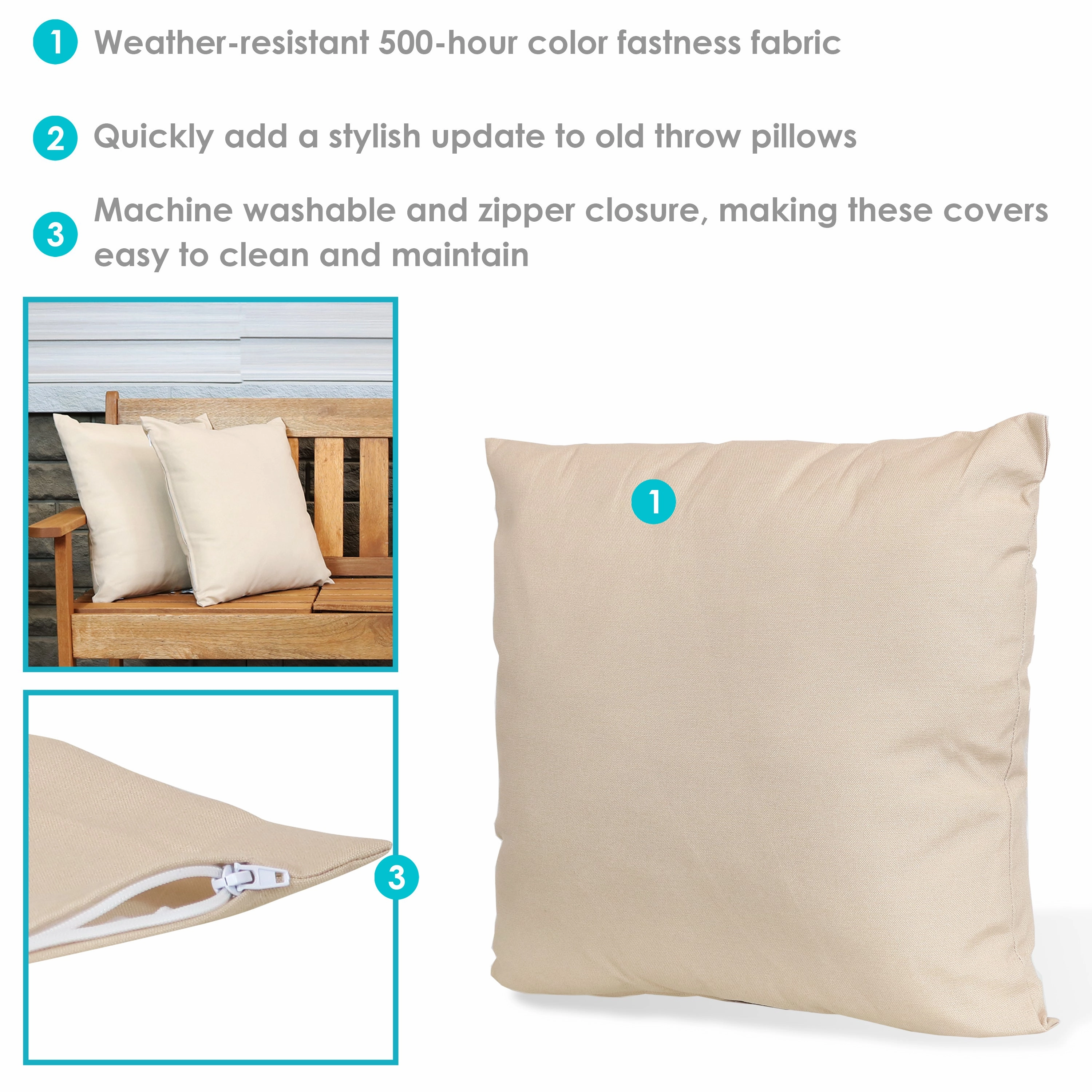 Sunnydaze Indoor/Outdoor Weather-Resistant Polyester Square Pillow Cover Only with Zipper Closures - 17" x 17"- 2pk