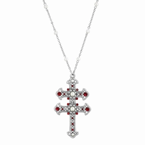 Symbols Of Faith Crystal and Faux Pearl Double Cross 30 Pendant Necklace