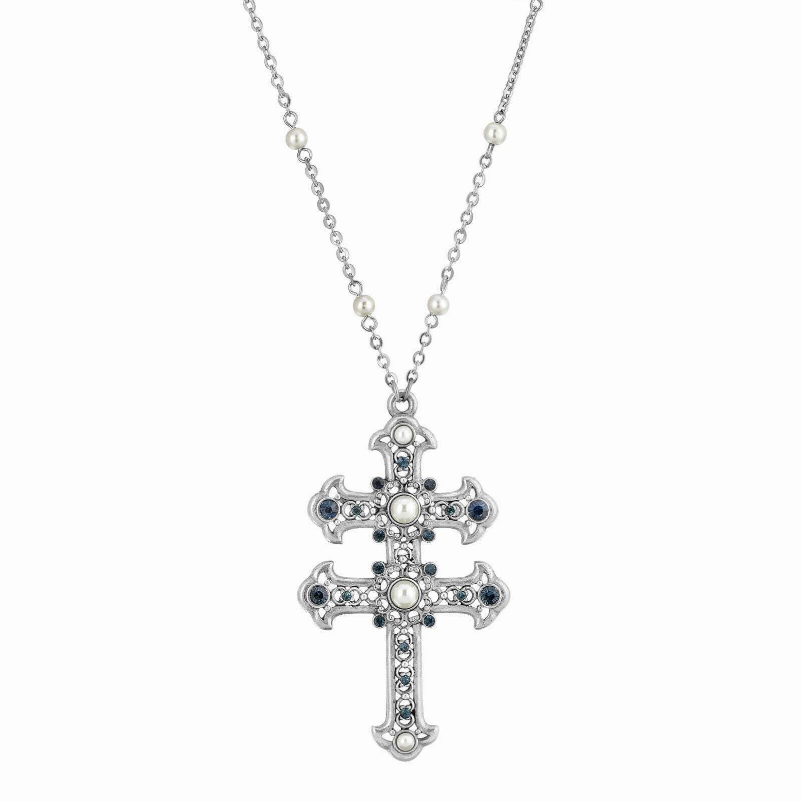 Symbols Of Faith Crystal and Faux Pearl Double Cross 30 Pendant Necklace