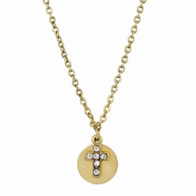 Symbols of Faith Crystal Cross Round Disc Pendant Necklace 16"   3" Extender