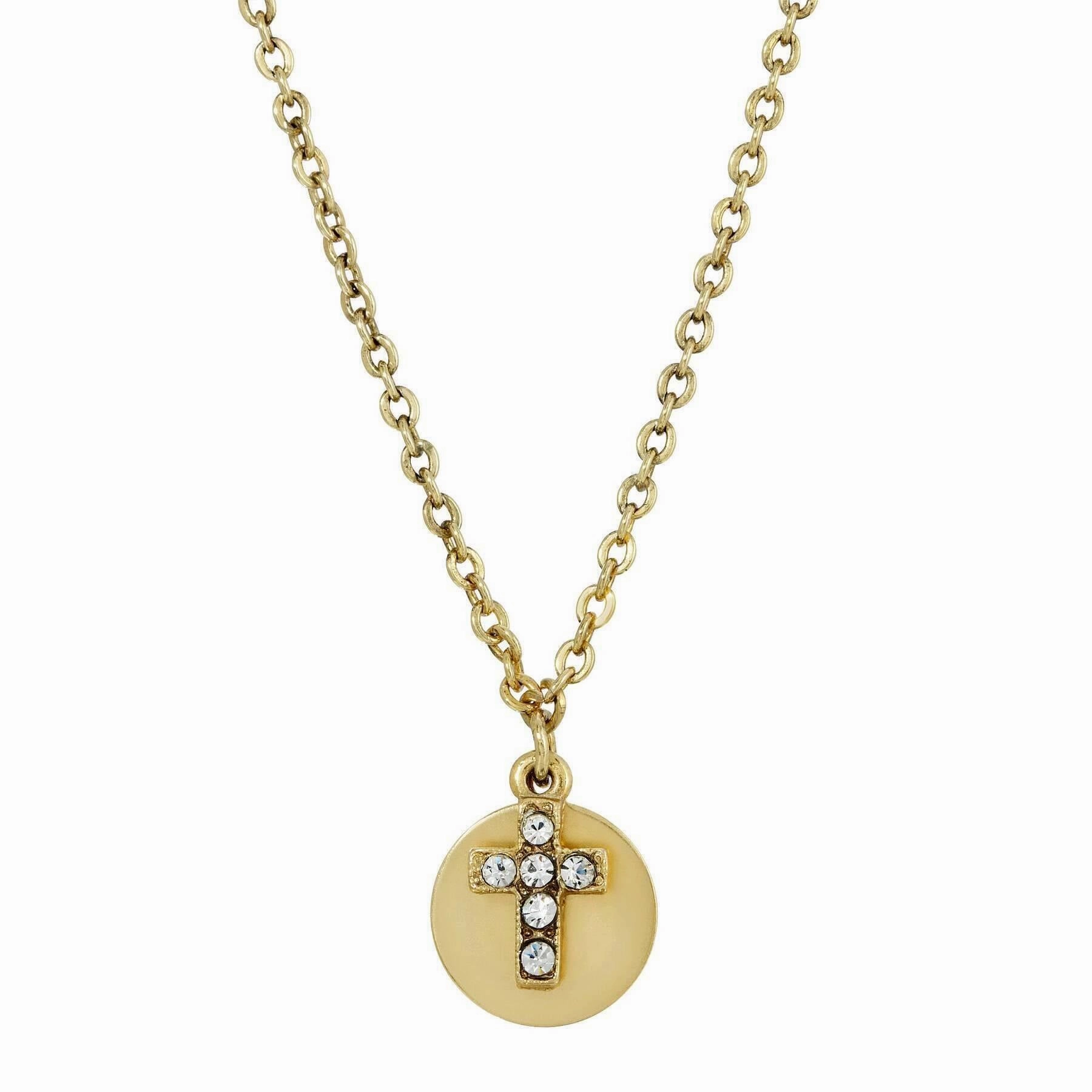 Symbols of Faith Crystal Cross Round Disc Pendant Necklace 16"   3" Extender