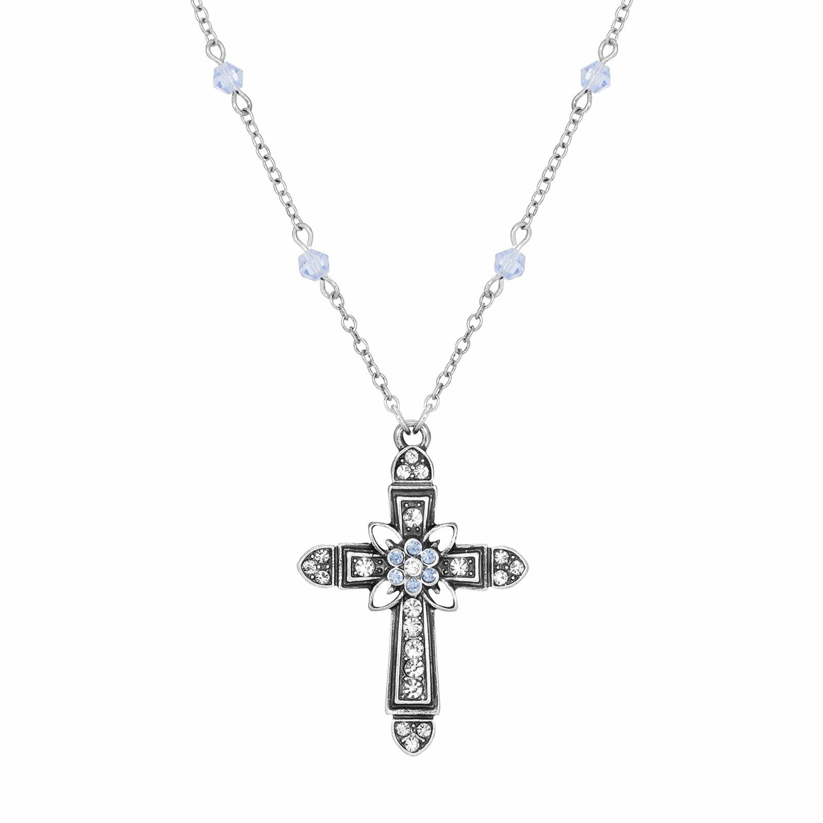 Symbols Of Faith Floral Cross Crystal Pendant Necklace 16"   3" Extension