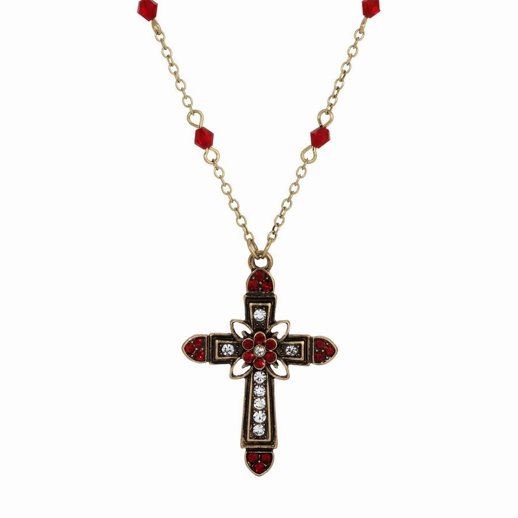 Symbols Of Faith Flower & Cross Crystal Pendant Necklace 16"   3" Extension