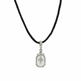 Symbols Of Faith Frosted Glass Crystal Cross Pendant Black Twist Rayon Cord Necklace 15"   3" Extender