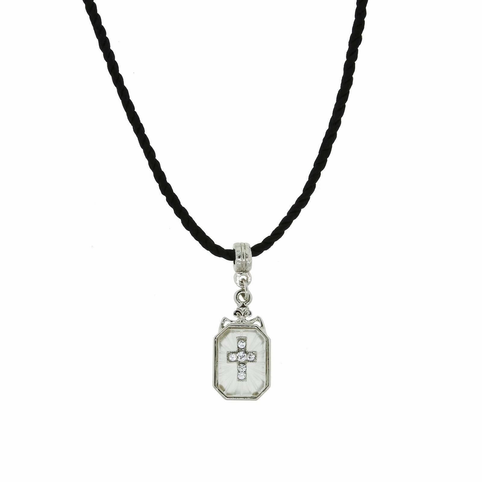 Symbols Of Faith Frosted Glass Crystal Cross Pendant Black Twist Rayon Cord Necklace 15"   3" Extender