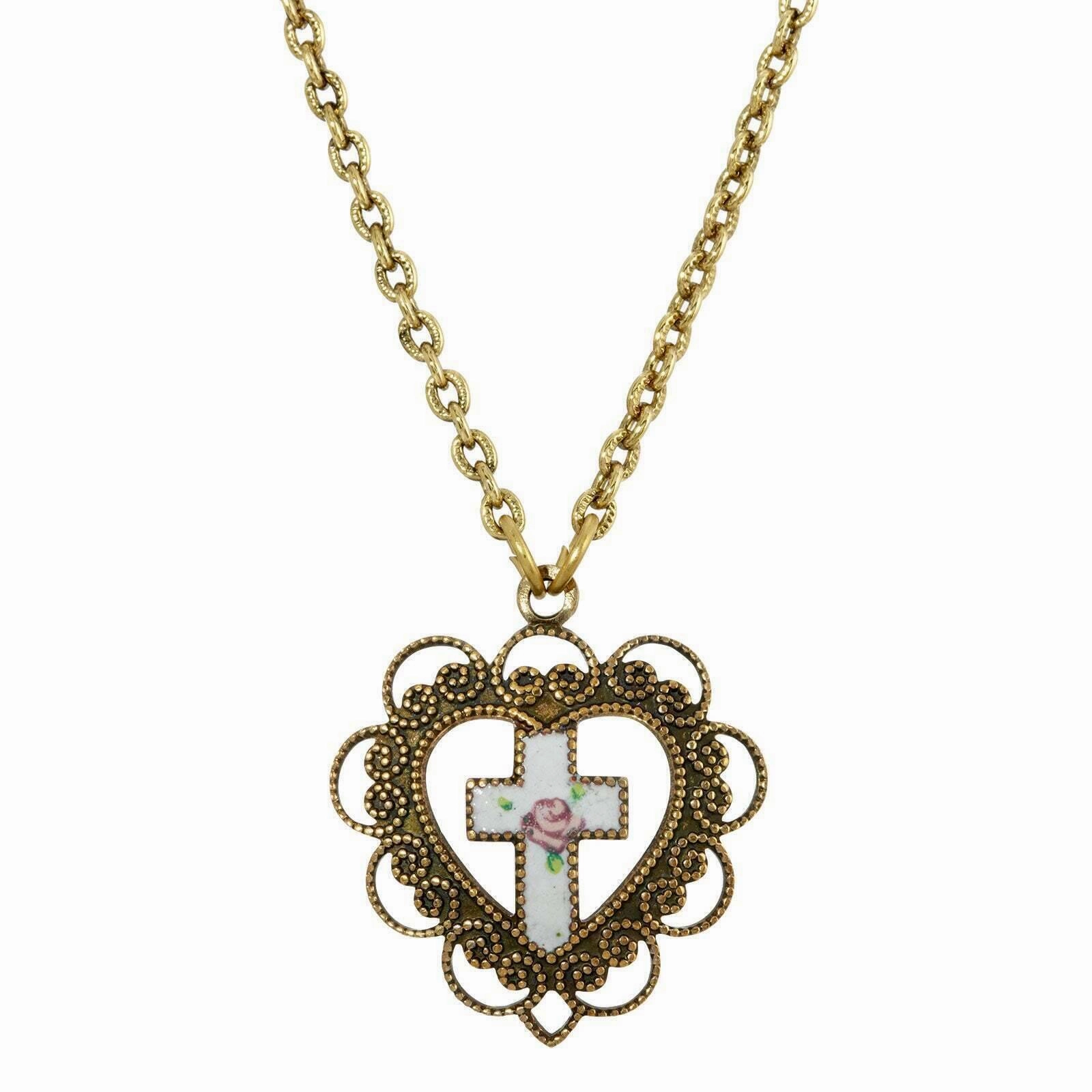 Symbols Of Faith Heart With White Floral Cross Pendant Necklace 16"   3" Extender