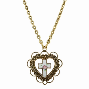 Symbols Of Faith Heart With White Floral Cross Pendant Necklace 16"   3" Extender