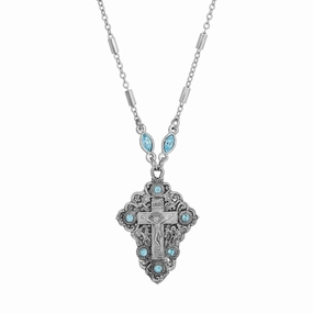 Symbols Of Faith INRI Crucifix Aqua Blue Crystal Pendant Necklace 16"   3" Extender