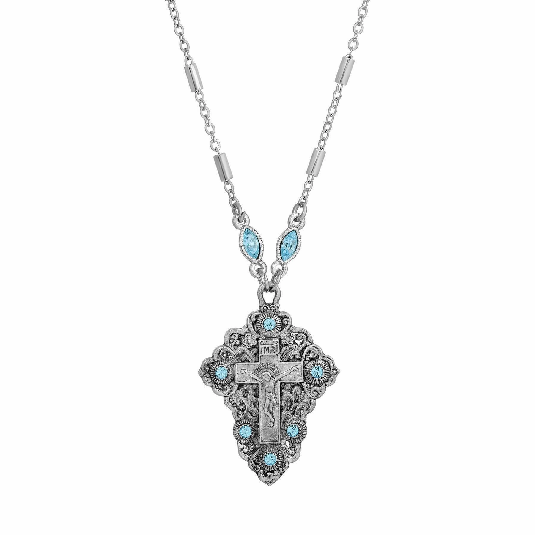 Symbols Of Faith INRI Crucifix Aqua Blue Crystal Pendant Necklace 16"   3" Extender