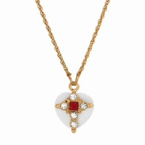 Symbols Of Faith Mother Of Pearl Heart & Crystal Cross Pendant Necklace 16"   3" Extension