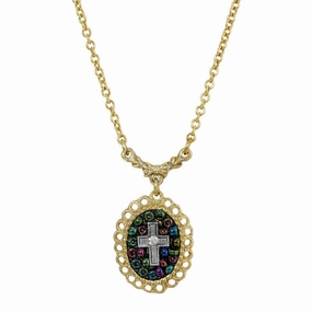 Symbols Of Faith Multi Color Seeded Beads & Crystal Cross Pendant Necklace 16"   3" Extender