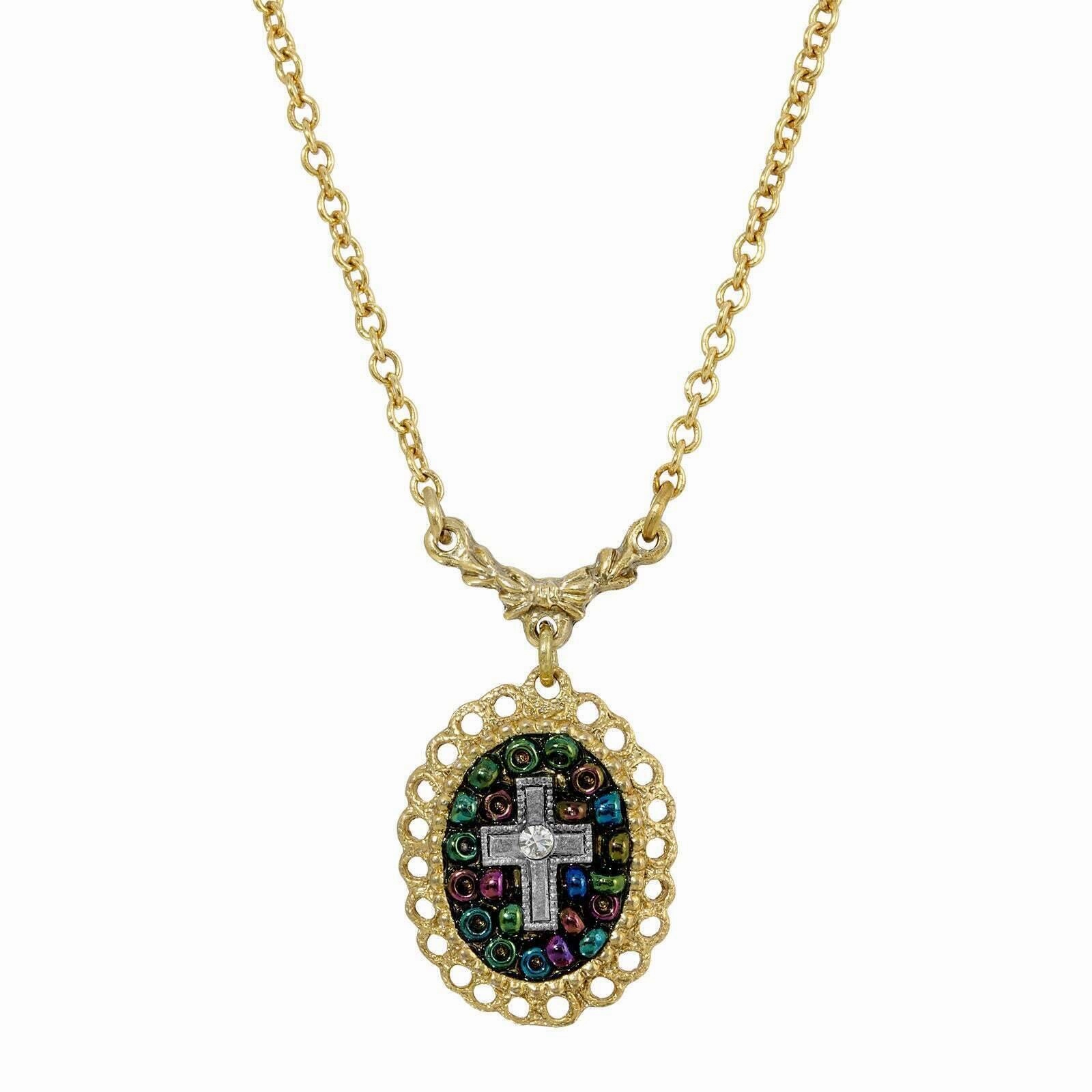Symbols Of Faith Multi Color Seeded Beads & Crystal Cross Pendant Necklace 16"   3" Extender