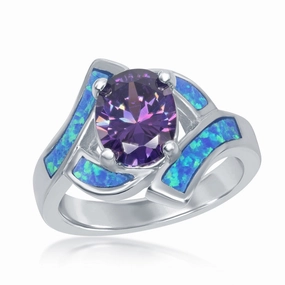 Women's Ring - Silver Blue Opal with Purple CZ Center, Size 8 | W-9594-8
